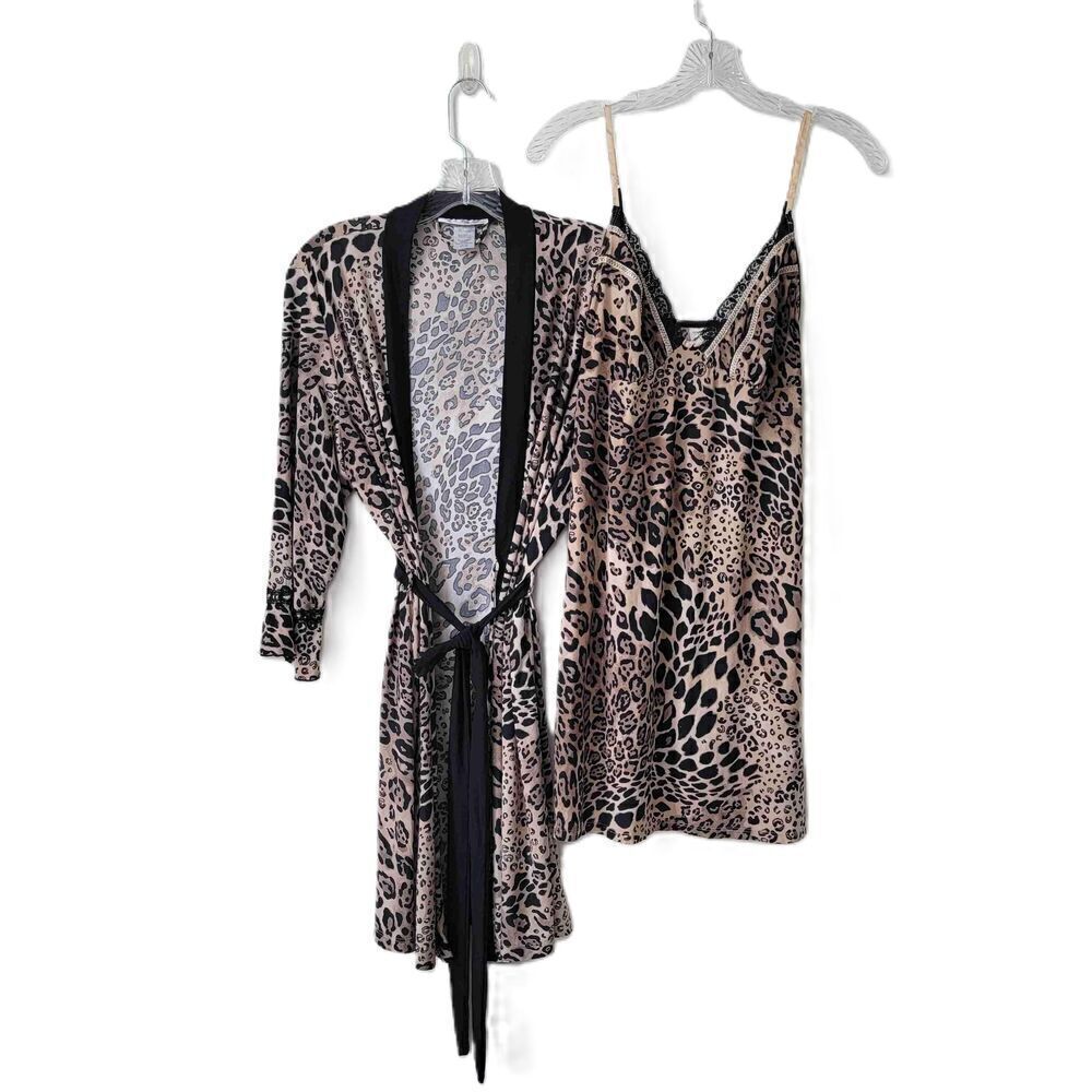 Linea Donatella Leopard Print Robe Babydoll Set Lace Trim Sleepwear Size XL M*